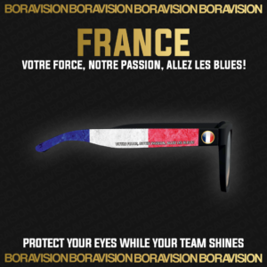 France national team inspired sunglasses by Boravision in blue, white, and red fan colors