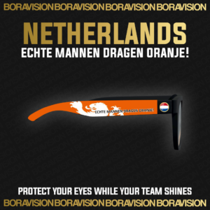 Netherlands national team inspired sunglasses by Boravision in orange, red, white, and blue fan colors
