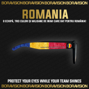 Romania national team inspired sunglasses by Boravision in blue, yellow, and red fan colors