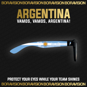 Argentina national team inspired sunglasses by Boravision in sky blue, white, and gold fan colors