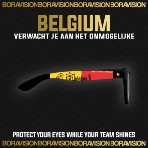 Belgium national team inspired sunglasses by Boravision in black, yellow, and red fan colors
