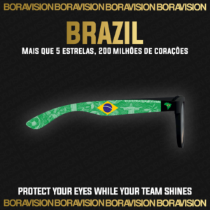 Brazil national team inspired sunglasses by Boravision in green, yellow, and blue fan colors