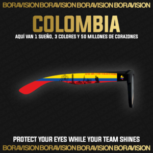 Colombia national team inspired sunglasses by Boravision in yellow, blue, and red fan colors