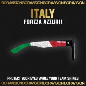 Italy national team inspired sunglasses by Boravision in green, white, and red fan colors