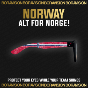 Norway national team inspired sunglasses by Boravision in red, white, and blue fan colors