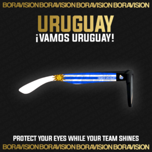 Uruguay national team inspired sunglasses by Boravision in sky blue, white, and gold fan colors